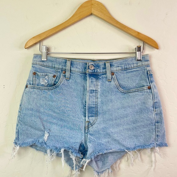 Levi's 501 Original Button Fly High Waist Destroyed Cutoff Denim Shorts Size 29 - Picture 2 of 16